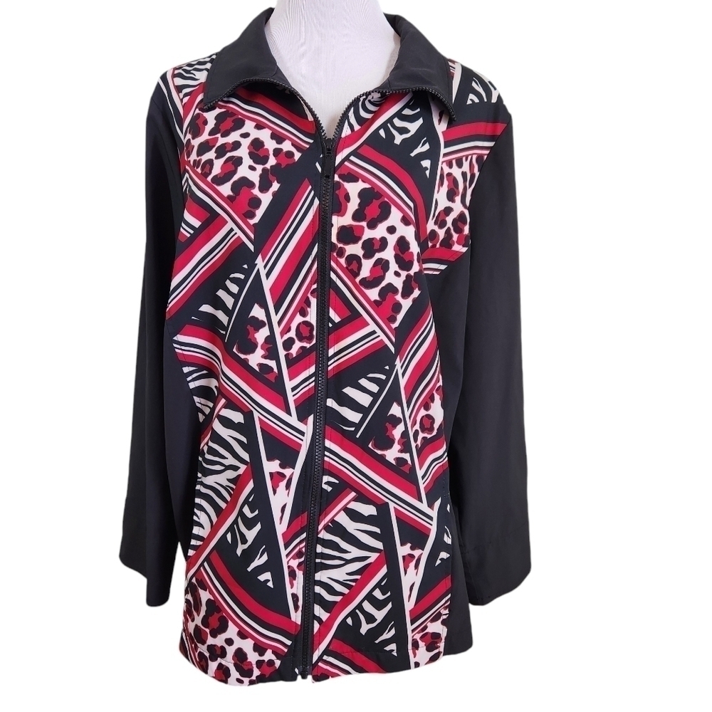 CJ Banks Full Zip Jacket Geometric Animal Print Black, sz 2X